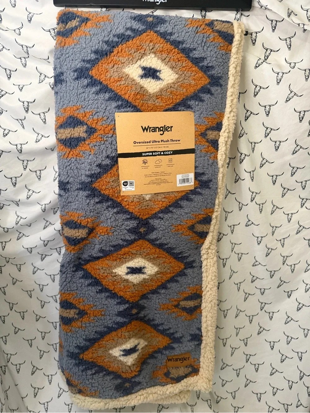 Wrangler Plush Aztec Throw - Blue, Orange & Cream